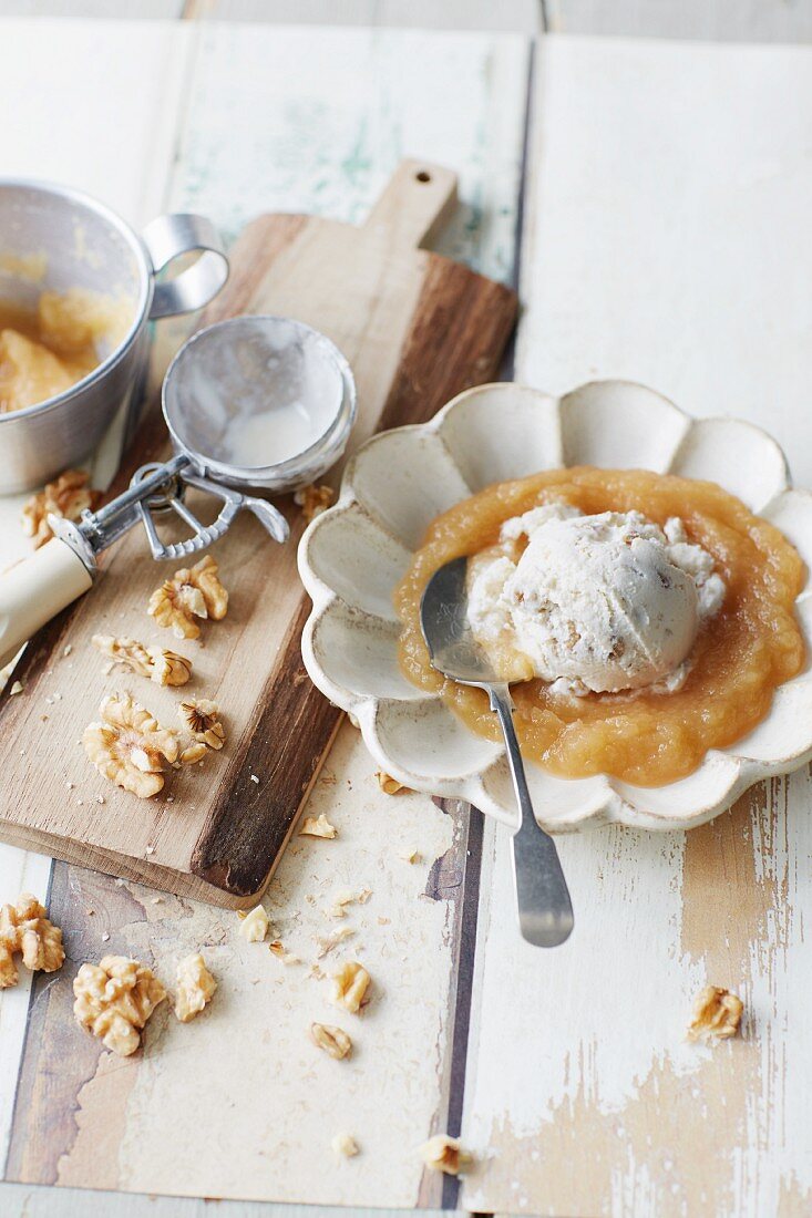 Sugar-free maple and walnut ice cream on a bed of chai and apple puree