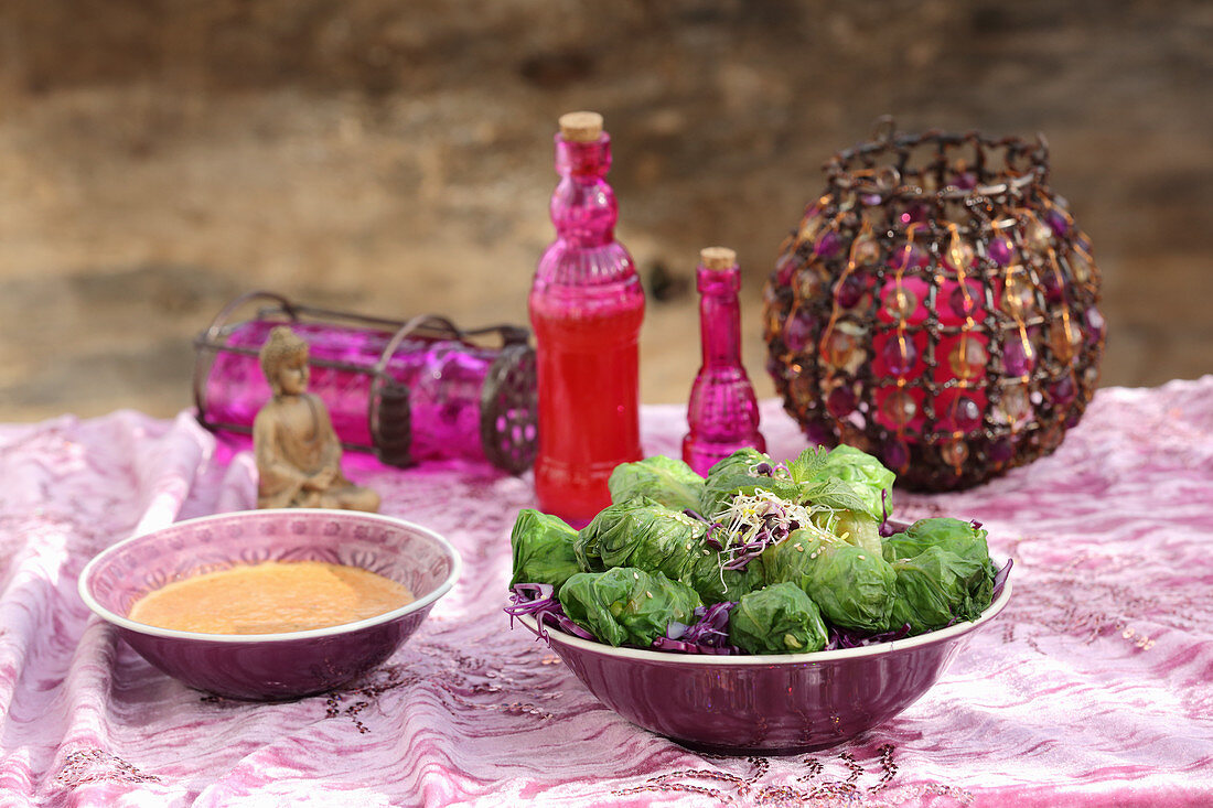 Raw vegetable spring rolls with a lime and pepper dip