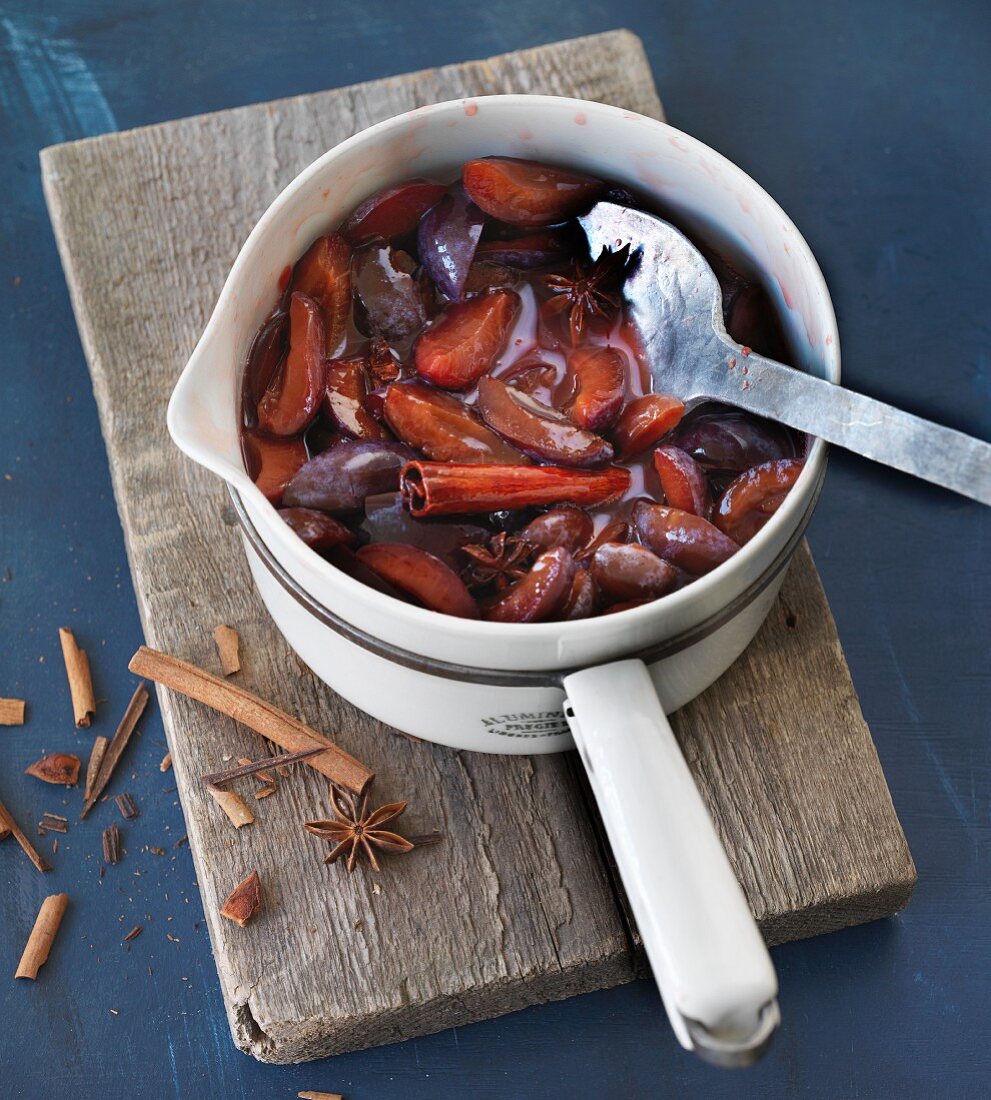 Vegan plum compote with cinnamon and star anise