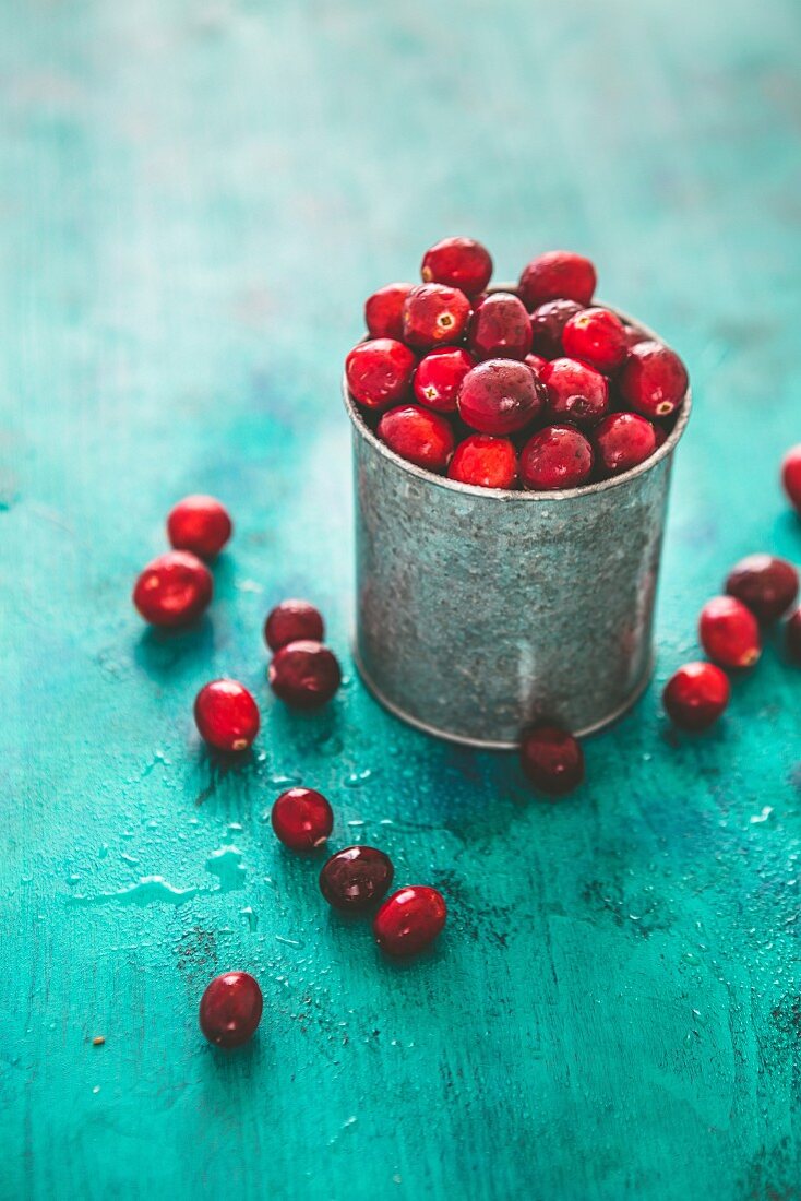 Fresh cranberries in a vintage metal pot