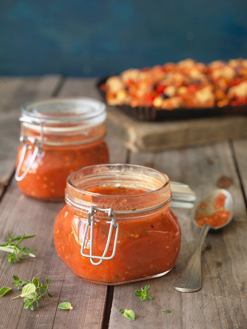 Selbstgemachte Tomatensauce aus gehackten Tomaten und Kräutern