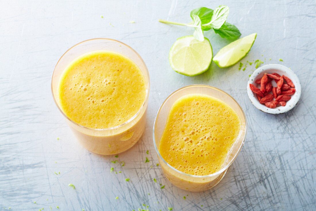 'Sunny Morning' vegan pineapple and watermelon drink with goji berries