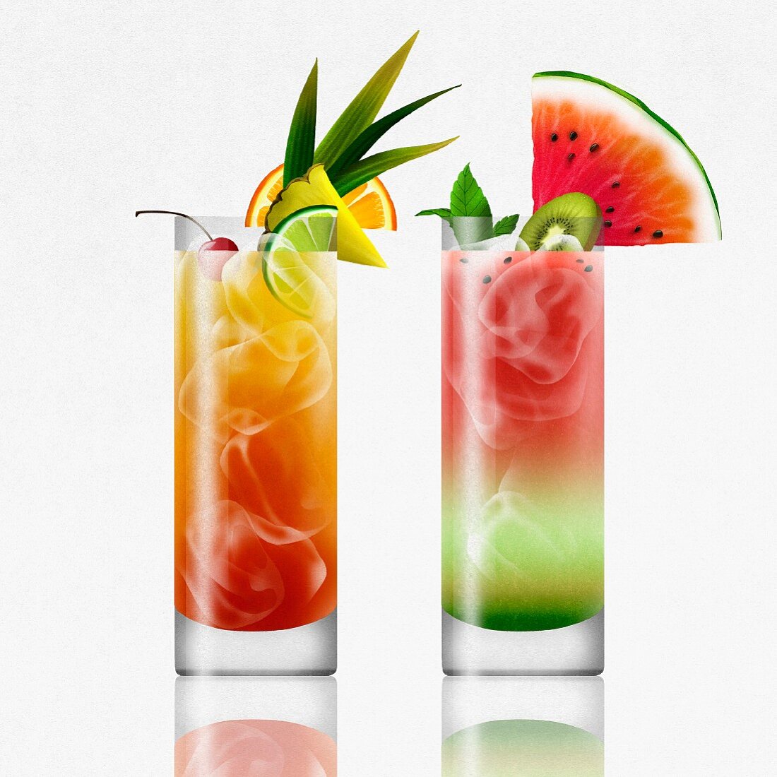 Tropical rum punch and watermelon cocktails side by side