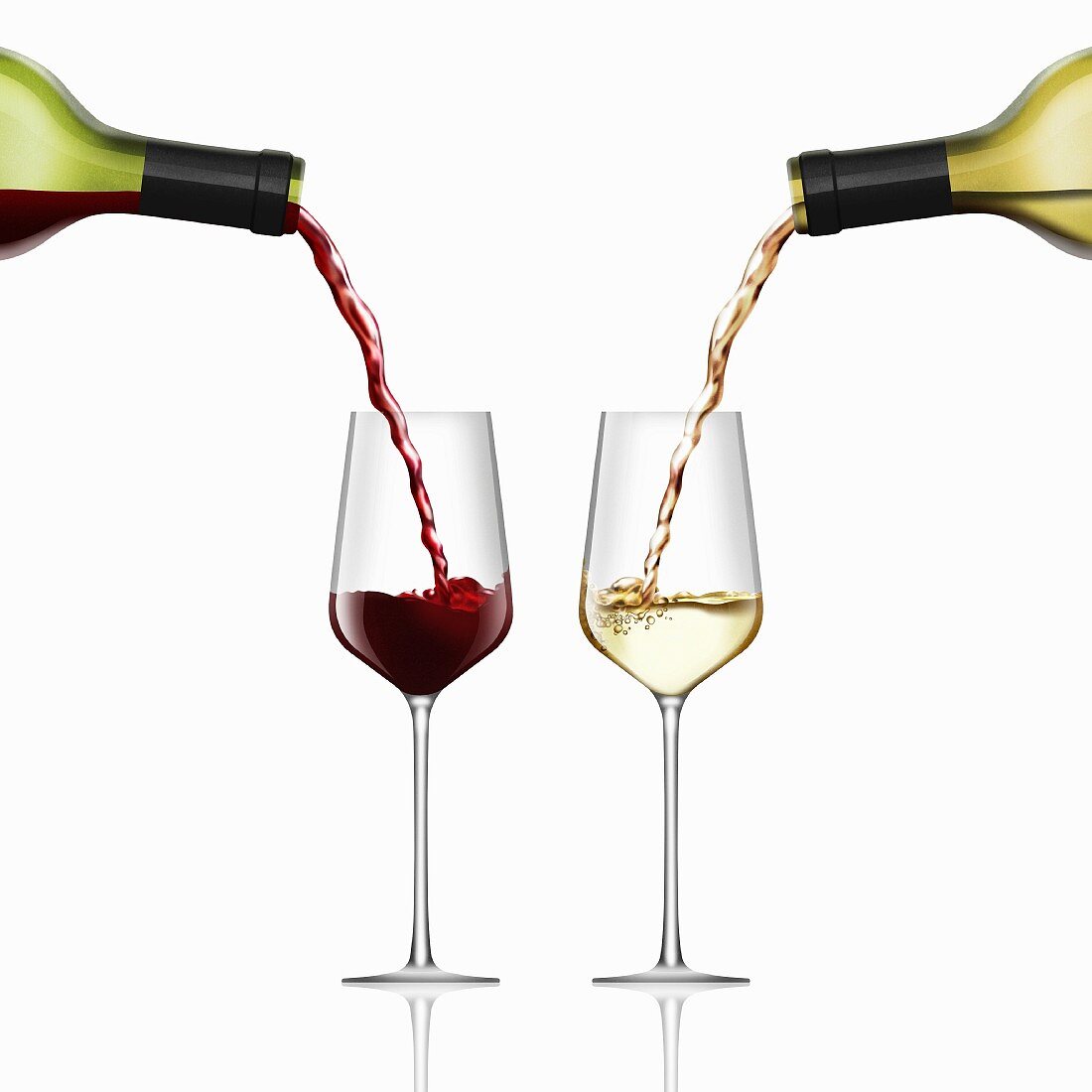 Red and white wine being poured into wine glasses side by side