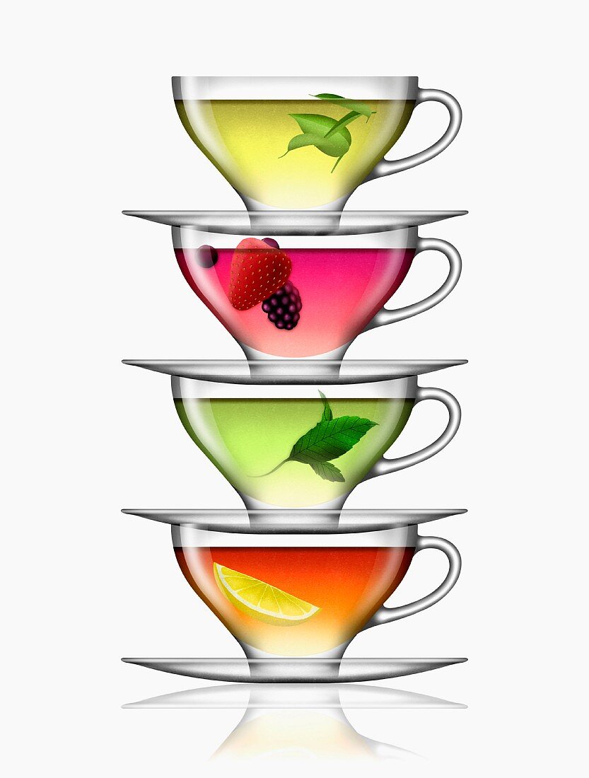 Stapel unterschiedlicher Sorten Früchtetee in Glas-Teetassen und Untertassen