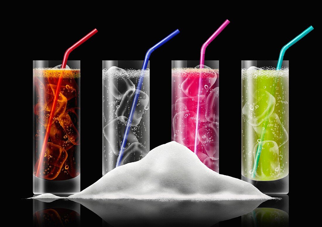 Reihe von farbenfrohen Erfrischungsgetränken hinter Zuckerhaufen