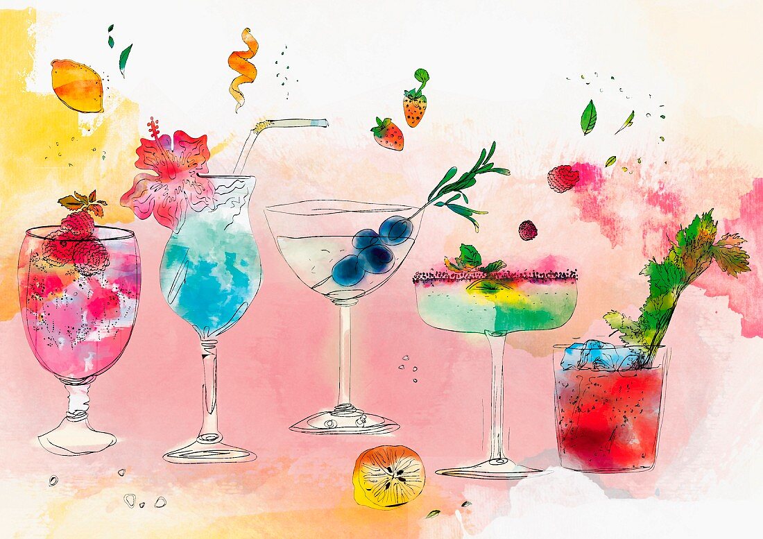Reihe verschiedener tropischer Cocktails