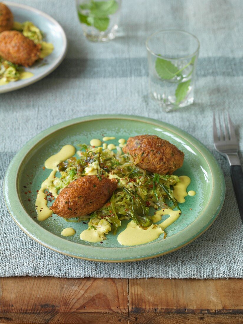 Vegan lentil and apple bites with Chinese cabbage and sesame sauce