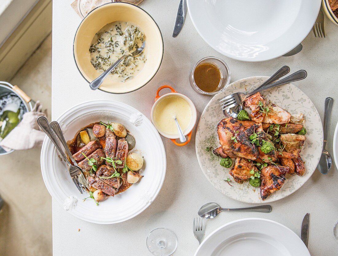 A table laid with various dishes for lunch