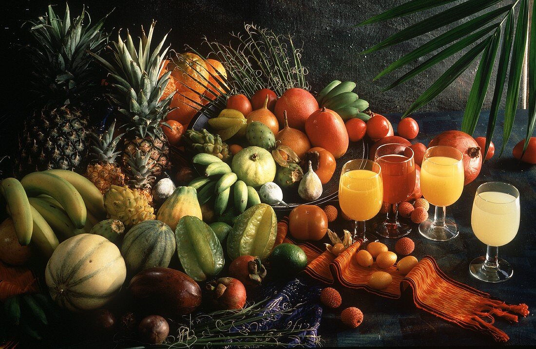 Still Life of Exotic Fruit with Assorted Fruit Juices