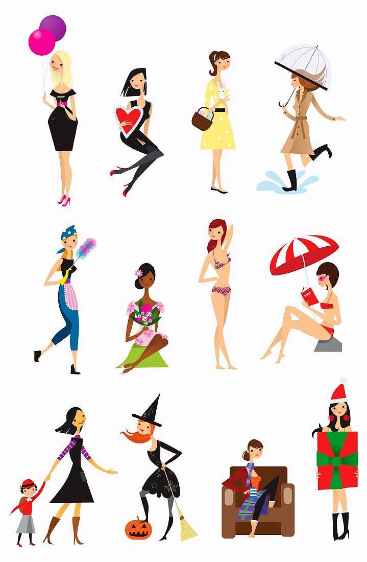 Twelve poses of young woman each month throughout the calendar year