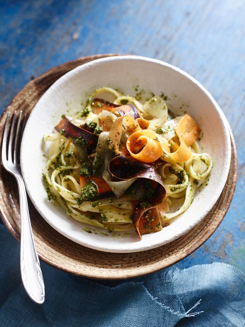 Carrot noodles with basil and walnut pesto