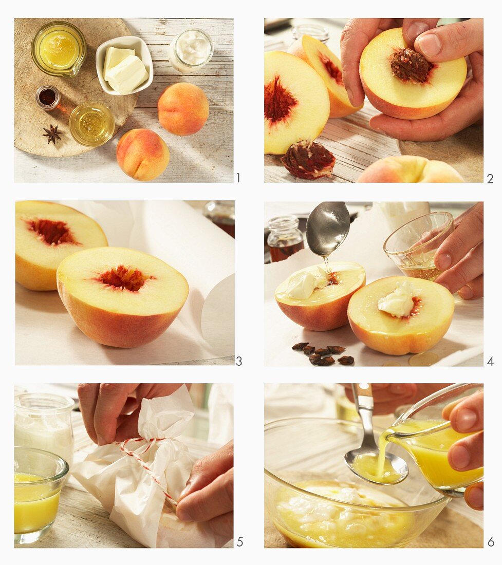 Pfirsiche in Pergament mit Sternanis und Honig zubereiten