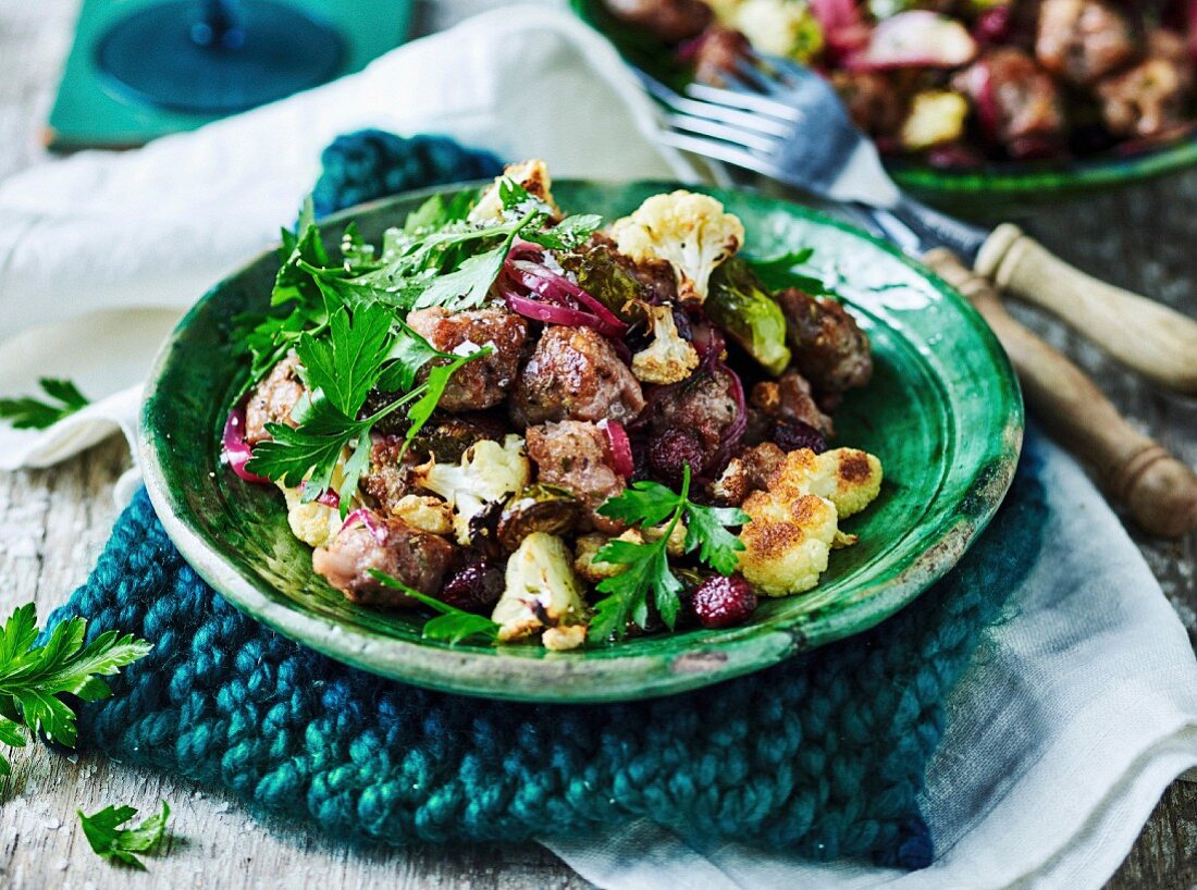 Roast Vegetables with Fried Onions and Sausages