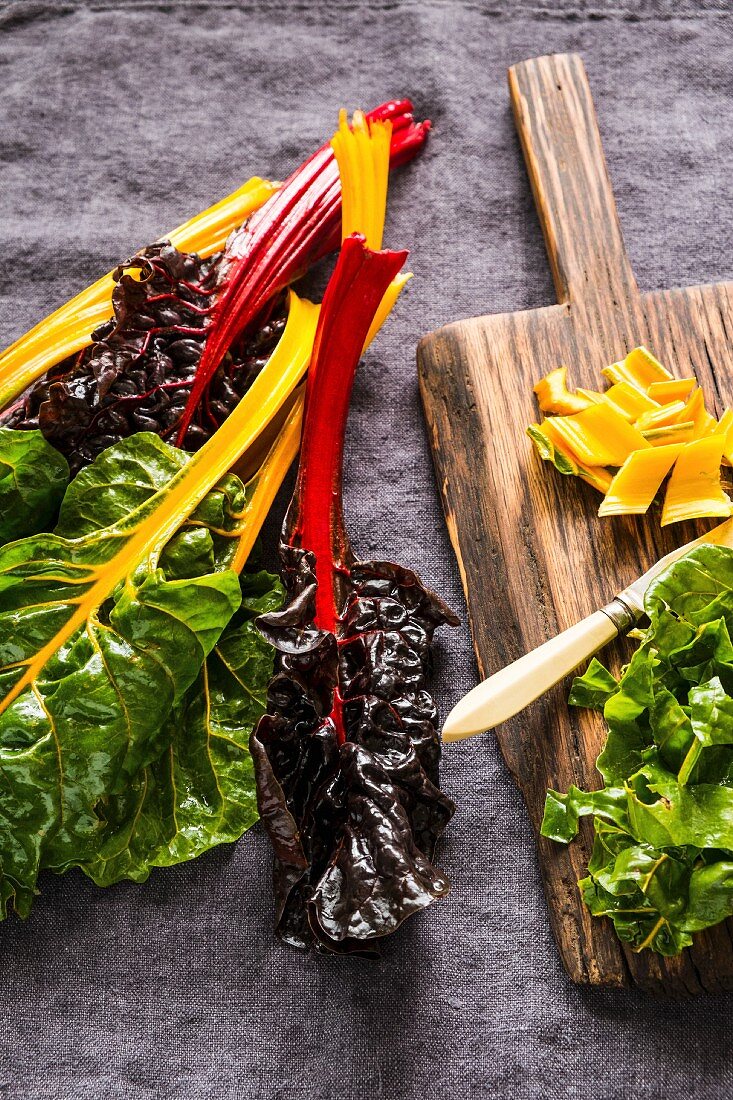 Various different coloured chard leaves