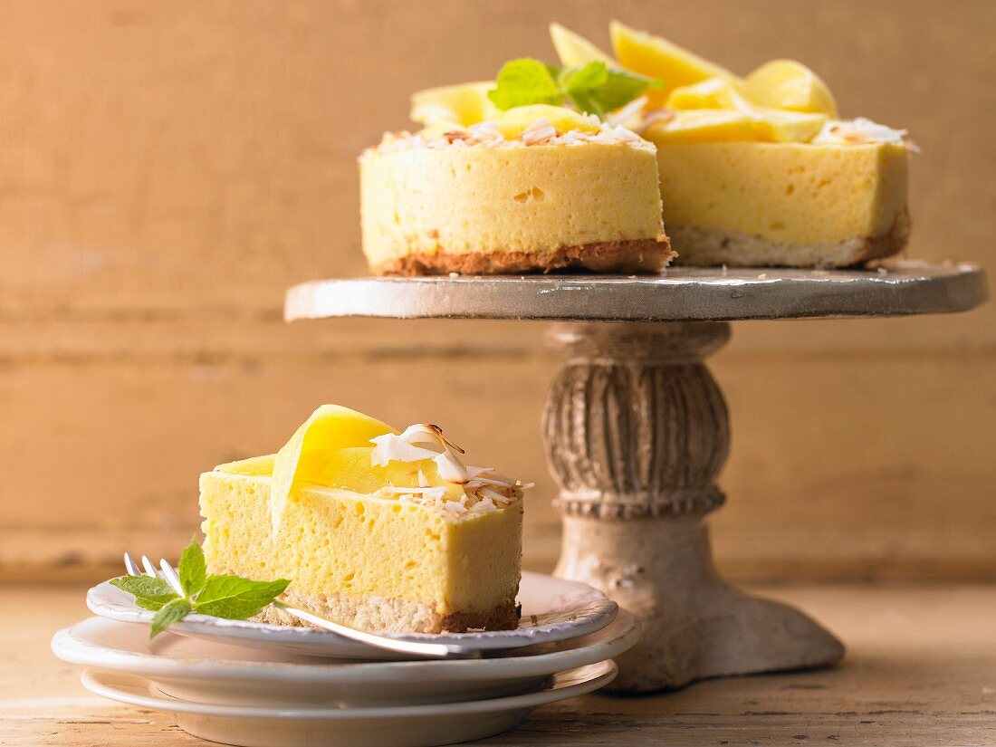 Mango mousse cake with coconut and ginger biscuits