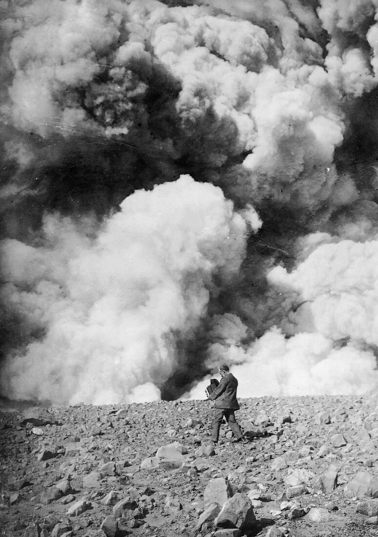 Photographer and volcanic eruption, 1900s
