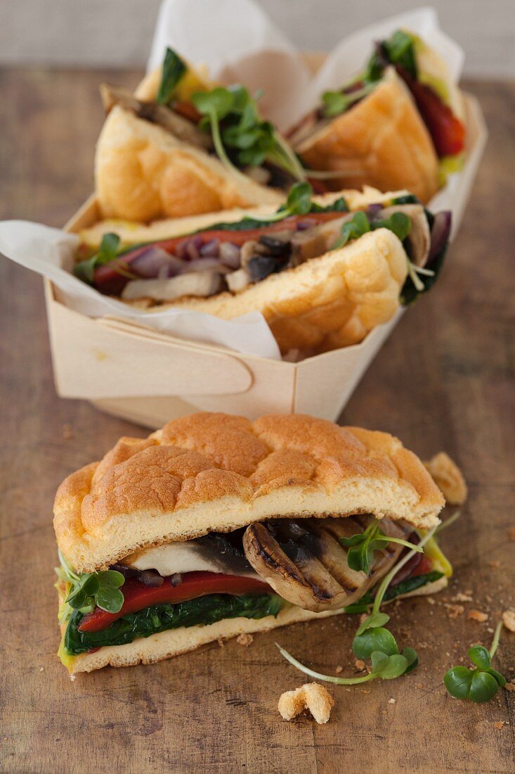 Cloud bread sandwiches (carb-free bread) with mushrooms