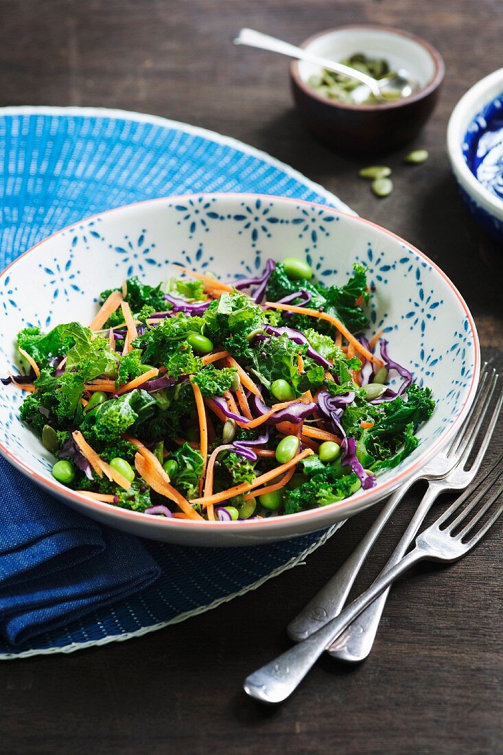 Kale with soya beans, carrots, red cabbage and pumpkin seeds