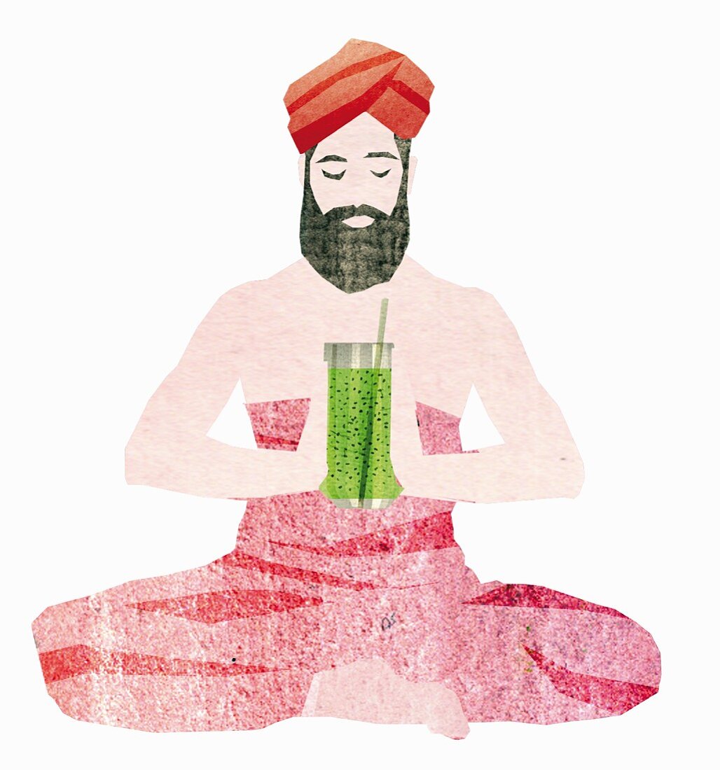 A yogi in a lotus position with a smoothie
