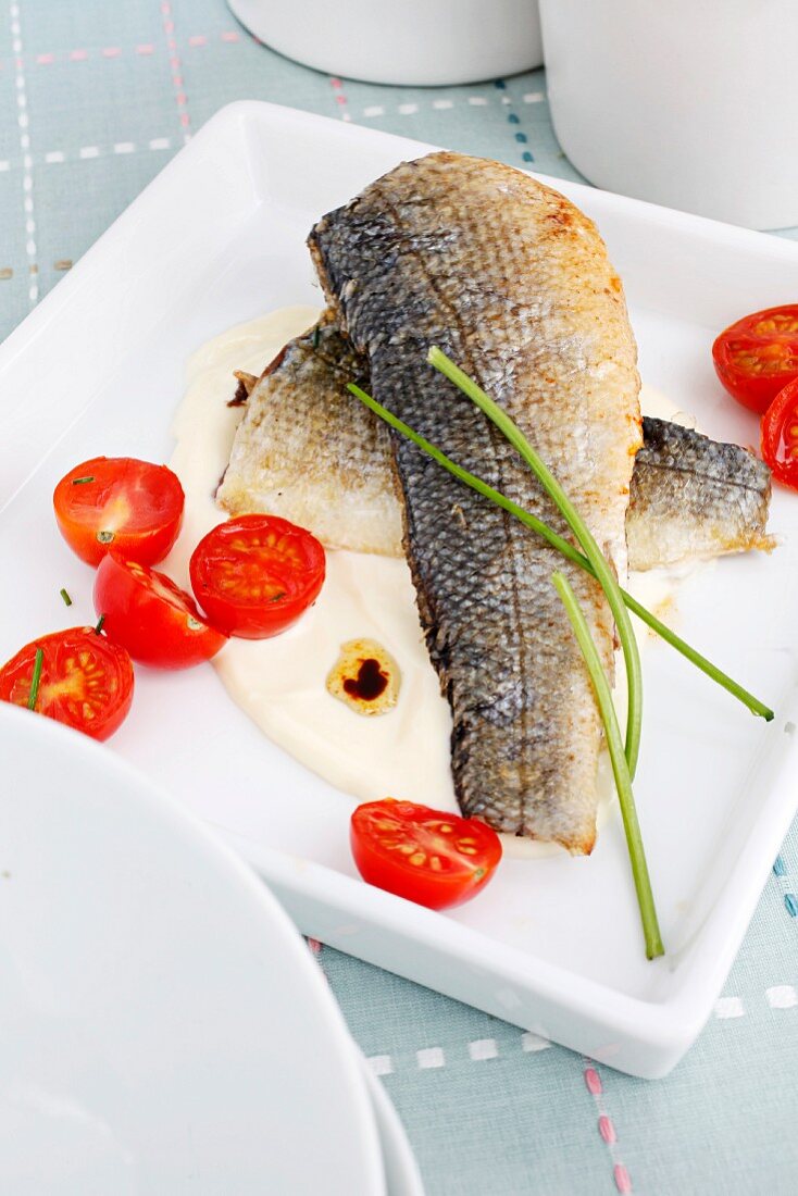Seabass fillet with cream cheese sauce