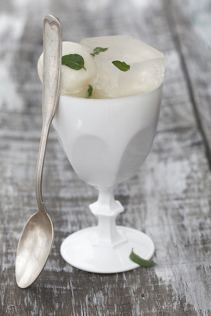 Coconut ice cream with pineapple jelly