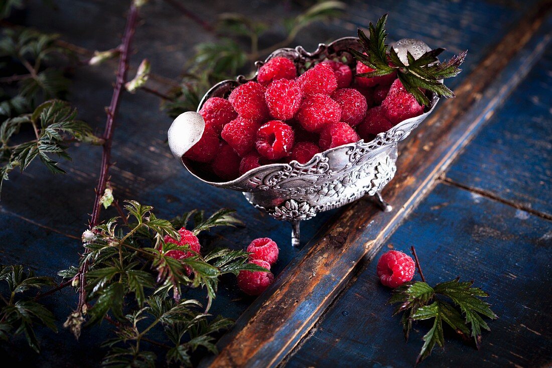 Raspberries in a silver Baroque bowl