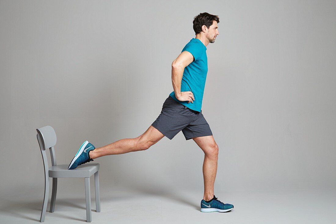 Lunge – Step 1: rest back leg on a chair, hands on hips