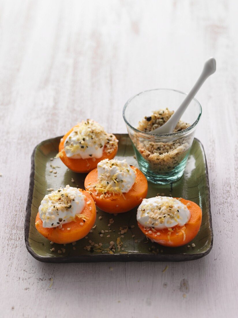 Apricots with lemon quark and shelled hemp nuts