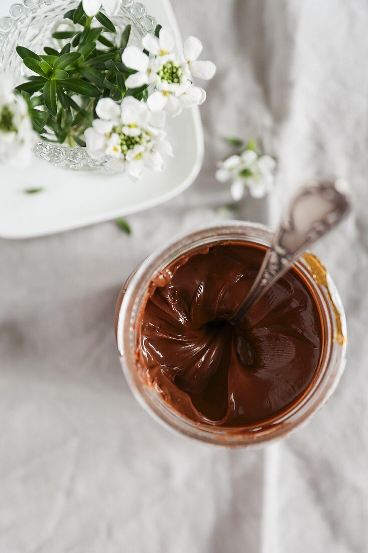 A glass of chocolate spread (seen from above)