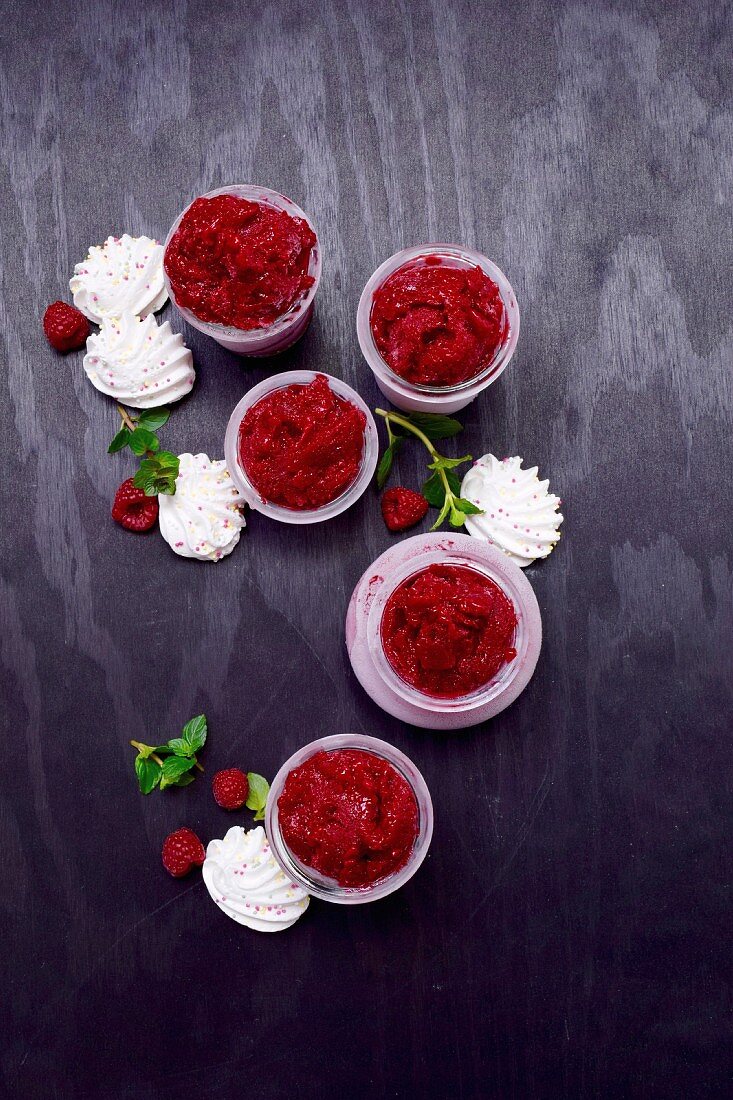 Raspberry sorbet with mint, meringue and sugar beads