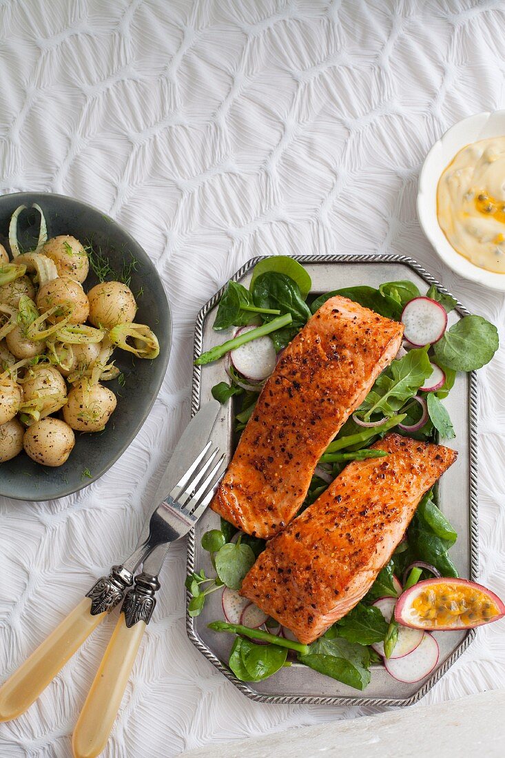 Grilled salmon steaks with passion fruit Hollandaise sauce