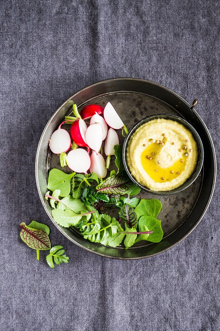 Artichoke hummus with spinach and radishes