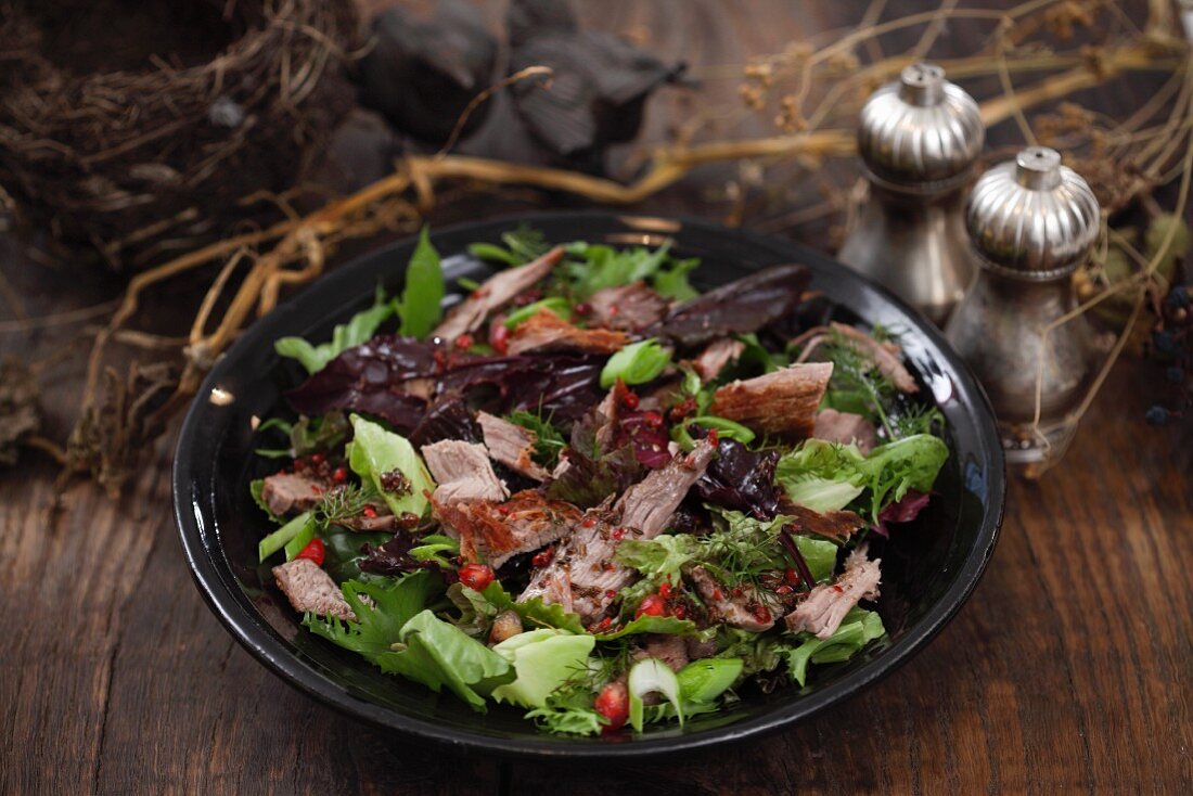Autumnal mixed leaf salad with beef