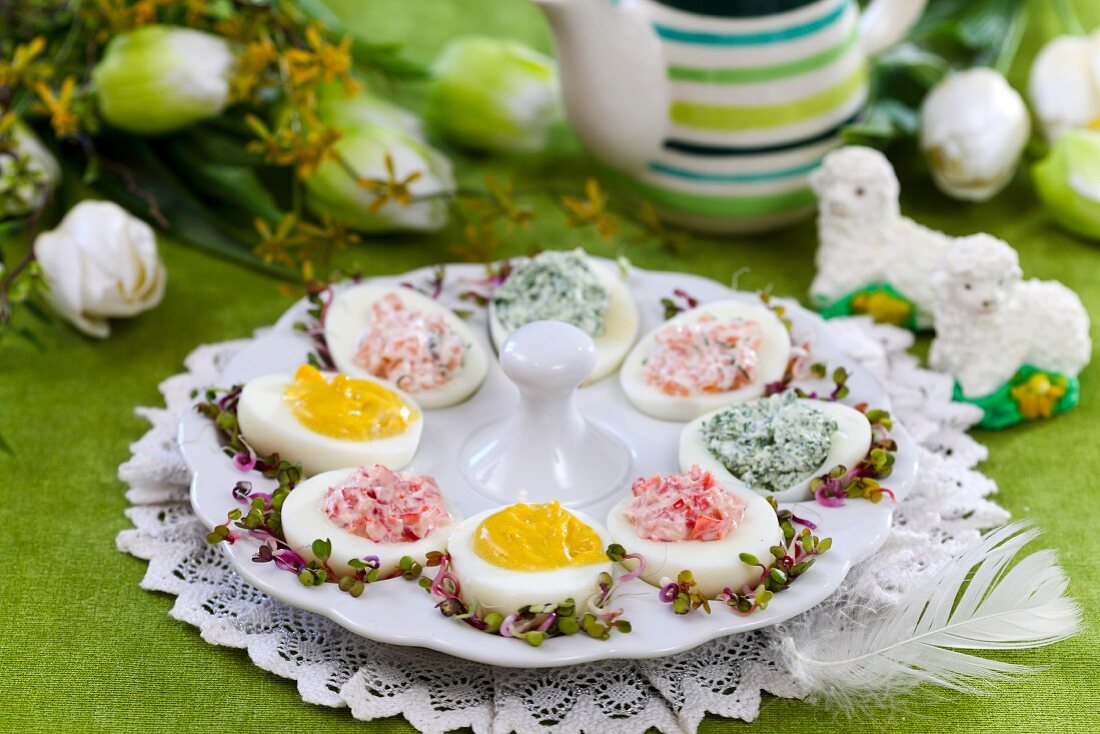 Devilled eggs on a serving platter for Easter