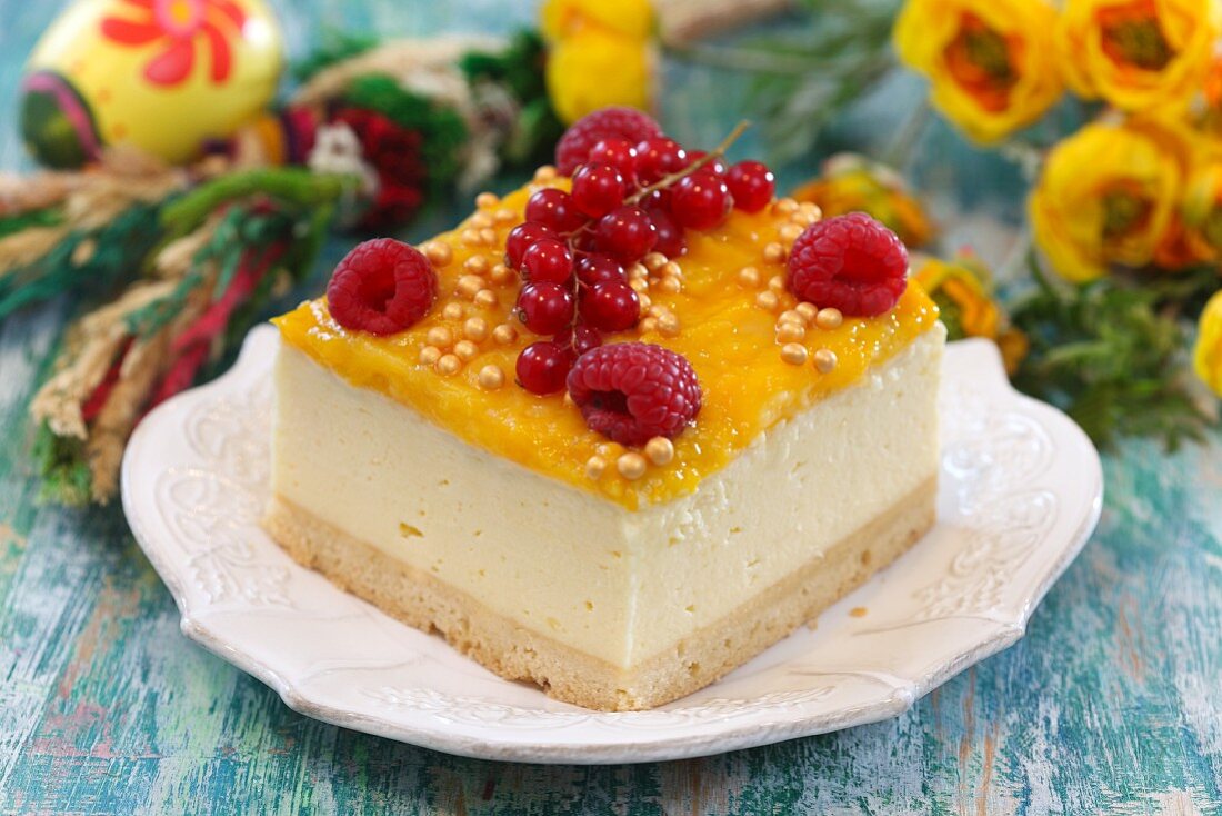 A slice of fruit cheesecake for Easter