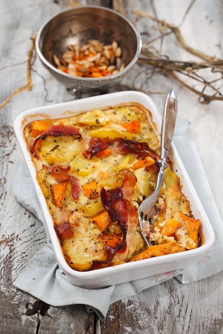 An autumnal bake with pumpkin, potatoes and bacon