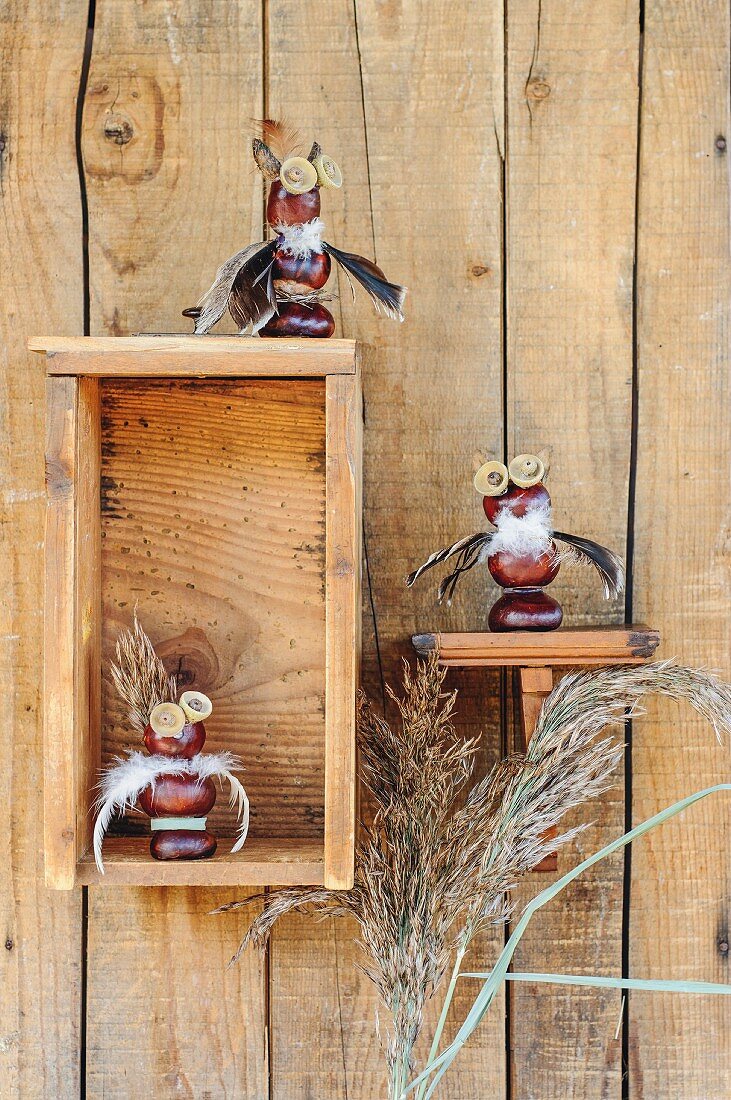 Kastanienfiguren auf rustikaler Wandkonsole und Holzkästchen an Bretterwand