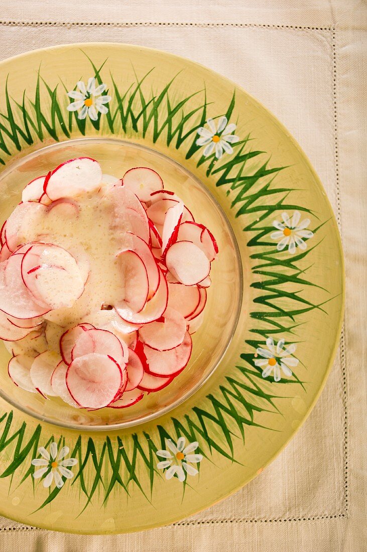 Radieschensalat auf rustikalem Teller