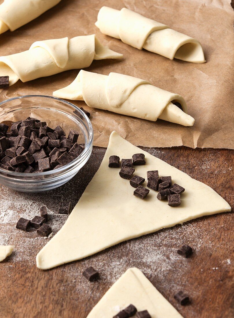 Chocolate croissants being made