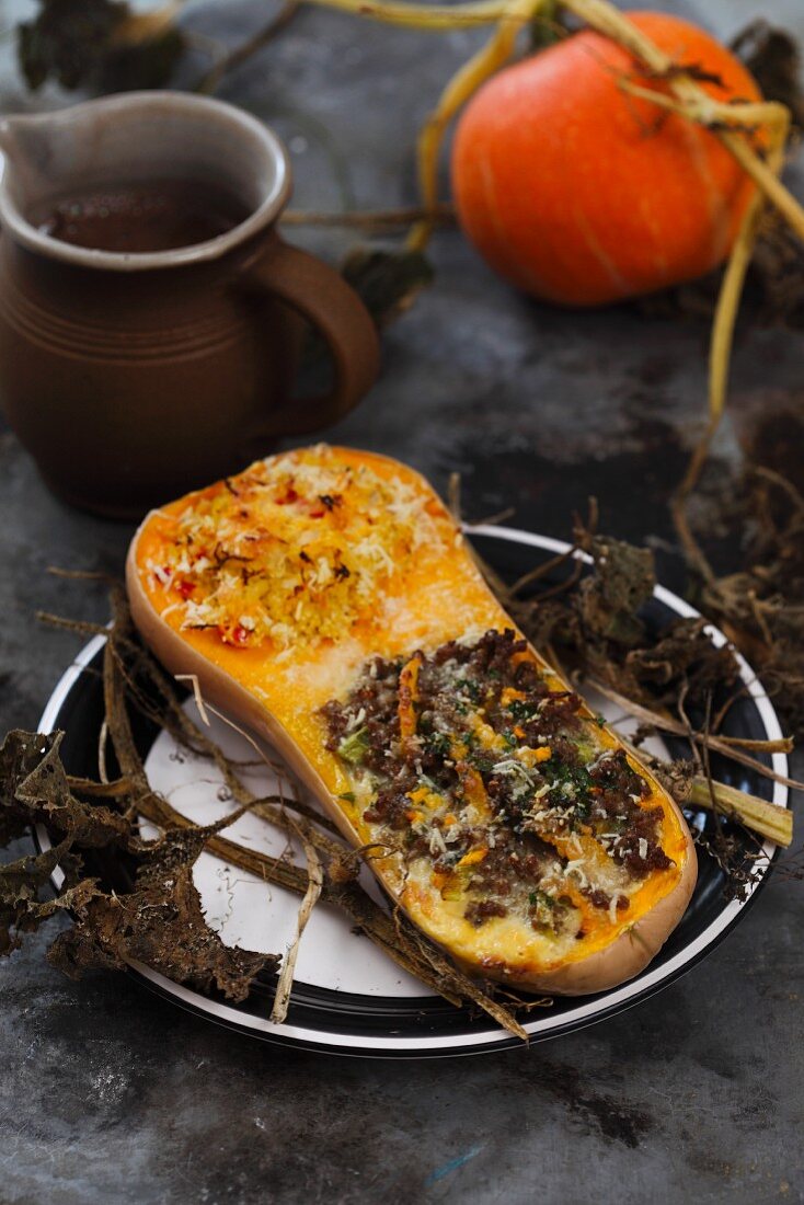 Butternut squash filled with beef and millet