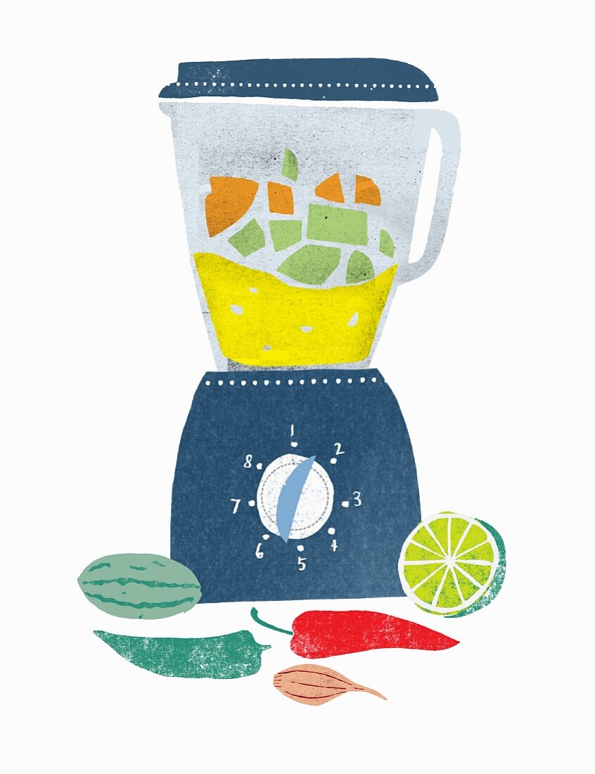 ingredients for gazpacho in a blender and next to it (illustration)