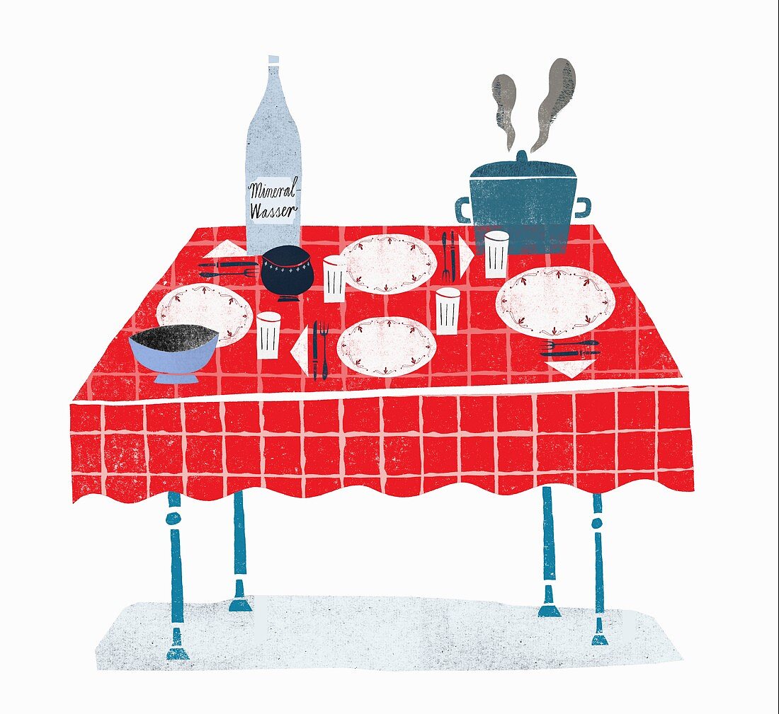Gedeckter Tisch mit dampfendem Topf und Mineralwasser (Illustration)