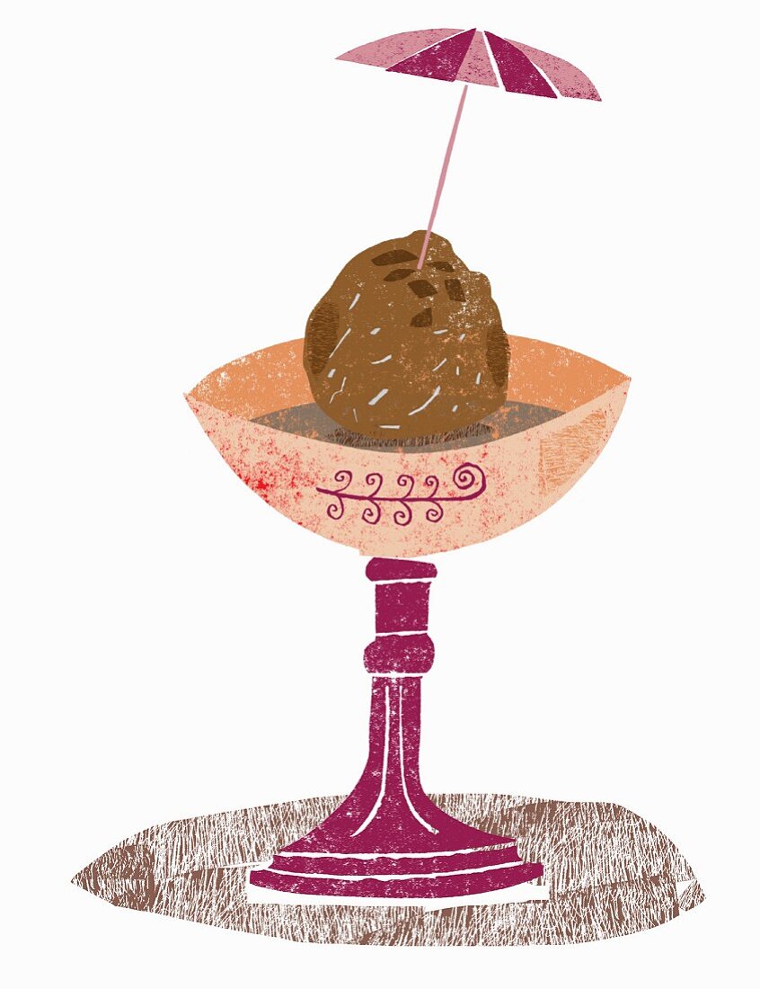 A scoop of chocolate ice cream in a sundae glass (illustration)