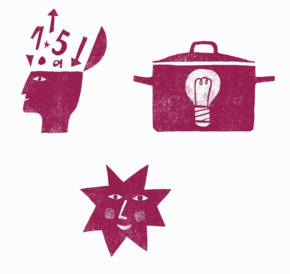 Three symbols: thoughts, a pot and a sunshine (illustration)
