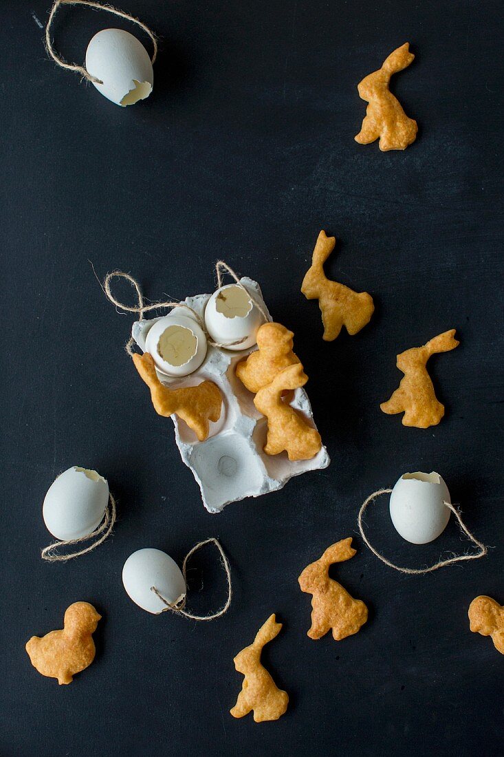 Easter bunny cheese crackers and blown out eggs
