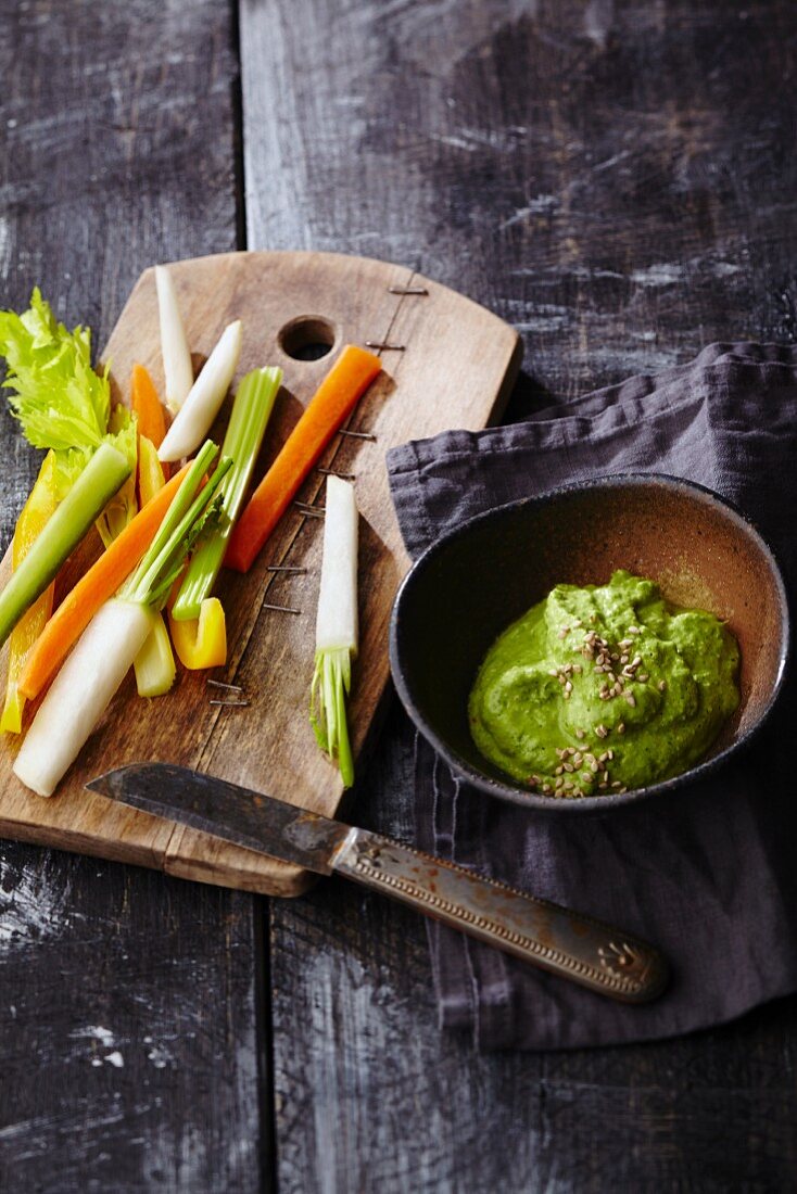 Julienned vegetables with a herb and cashew nut dip