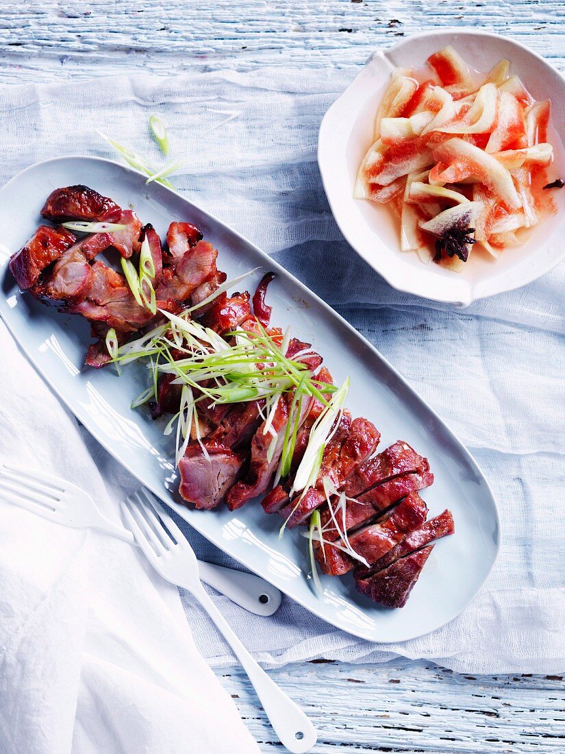 Chinese barbecue pork with pickled watermelon rind
