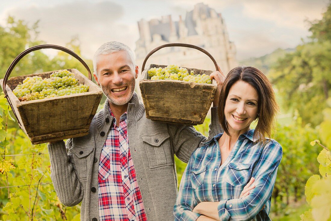 A man and a woman with wooden basket of freshly picked grapes