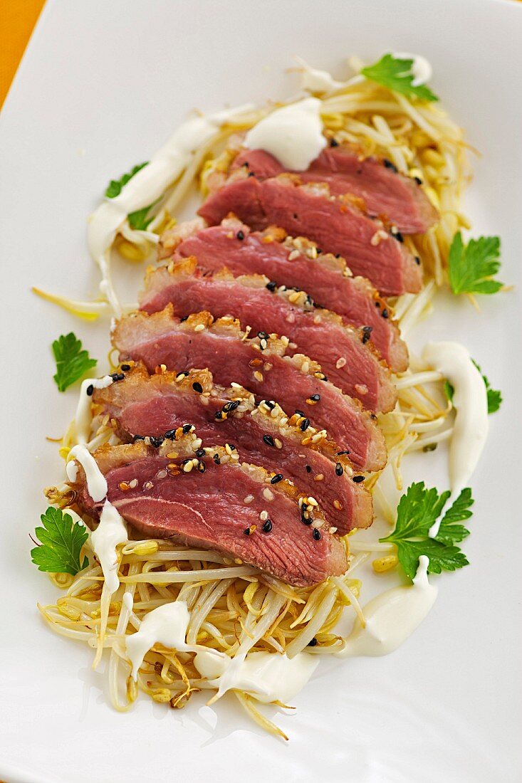 Duck breast with roasted bean sprouts